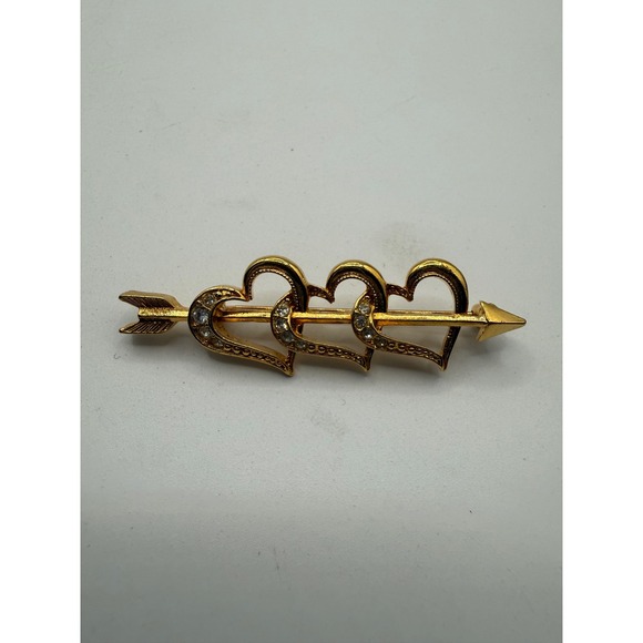Avon Jewelry - Vintage Avon Gold Tone Triple Heart Cupid Arrow Rhinestone Brooch Pin Signed